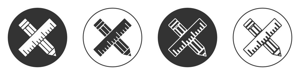 Black Crossed ruler and pencil icon isolated on white background. Straightedge symbol. Drawing and educational tools. Circle button. Vector
