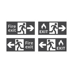 Fire exit black vector sign. Fire escape icon with door, running man and flame.