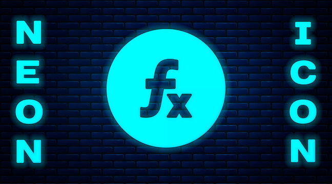 Glowing neon Function mathematical symbol icon isolated on brick wall background. Vector