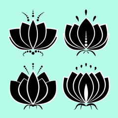 Fototapeta na wymiar Set of black lotus silhouette with white contour and decors. Water lily icons, isolated flower symbols collection for design. Vector illustration