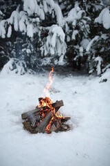 Campfire burns in the snow in the forest hill, on a background of snow covered trees and mountains...