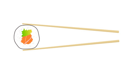 Roll with avocado and salmon holding in sticks. Vector illustration