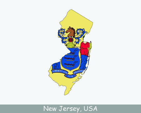 New Jersey Map Flag. Map of NJ, USA with the state flag isolated on white background. United States, America, American, United States of America, US State. Vector illustration.