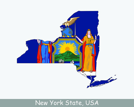 New York State Map Flag. Map of NY, USA with the state flag isolated on white background. United States, America, American, United States of America, US State. Vector illustration.
