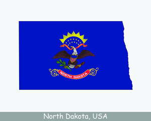 North Dakota Map Flag. Map of ND, USA with the state flag isolated on white background. United States, America, American, United States of America, US State. Vector illustration.