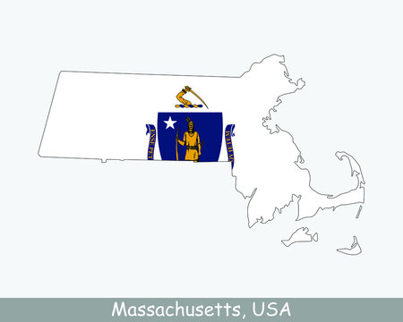 Massachusetts Map Flag. Map of MA, USA with the state flag isolated on white background. United States, America, American, United States of America, US State. Vector illustration.