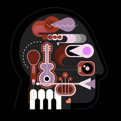 Zelfklevend Fotobehang Muzikaal hoofd vectorillustraties. Menselijk hoofd vorm ontwerp bestaande uit een verschillende muziekinstrumenten vectorillustratie. ©  danjazzia