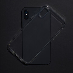 Black iPhone X clear case mockup, smart phone back view isolated on black background