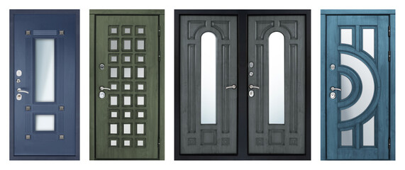 Set of models of entrance metal doors isolated on white background