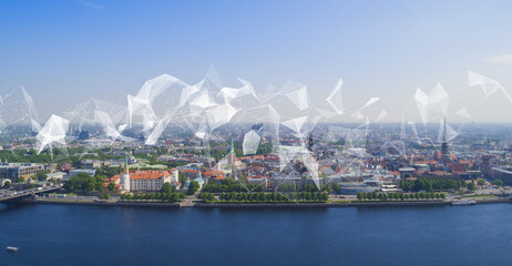 Modern european city with visualisation of Social infrastructure and communication technology. IoT(Internet of Things). City communication concept