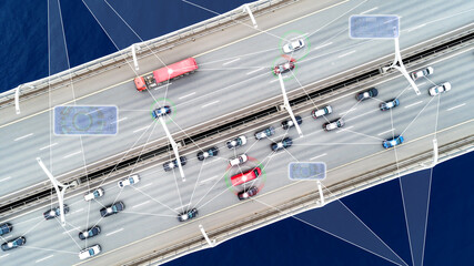 Self driving cars  on the road presentation, driverless vehicles, aerial top view from above