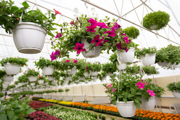 Fototapeta na wymiar Botanical, smart orangery in blooming season, beautiful exhibition indoors