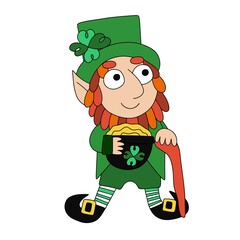 Cartoon leprechaun with four leaf clover, pot of gold and shillelagh stock vector illustration. Funny irish folklore character hand drawn colorful illustration. Patrick's Day leprechaun white isolated