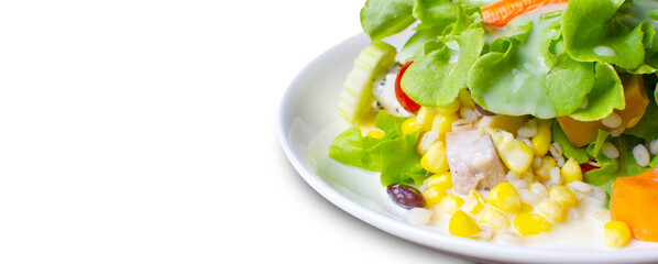 Salad with fruit and fresh vegetable topped with salad dressing in a white dish with copy space on the leftside