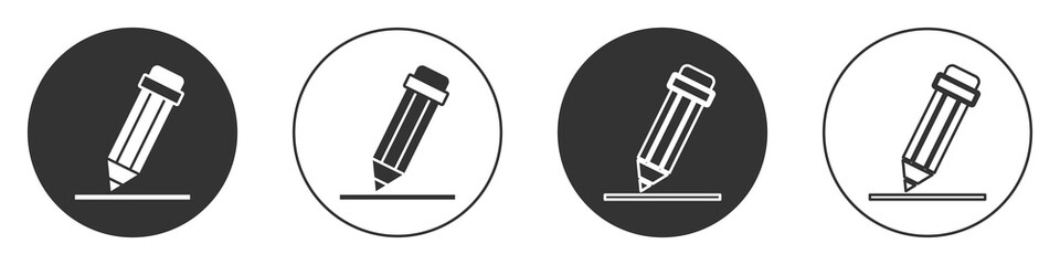 Black Pencil with eraser icon isolated on white background. Drawing and educational tools. School office symbol. Circle button. Vector