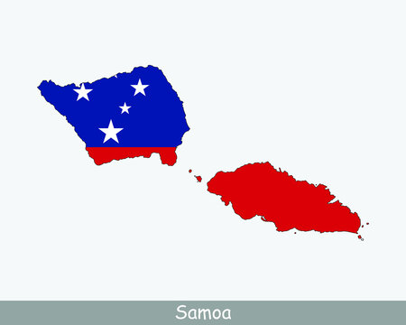 Samoa Flag Map. Map of the Independent State of Samoa with the Samoan national flag isolated on a white background. Vector Illustration.