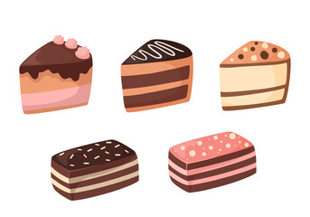 Set of cartoon pieces of cake. Vector illustration of sweets and desserts. Isolated on a white background. Collection of delicious pastries with different flavors
