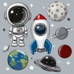 Set of astronaut, rocket and planets © reginast777