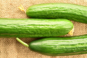 Three green cucumbers, close-up, on sacking, top view.