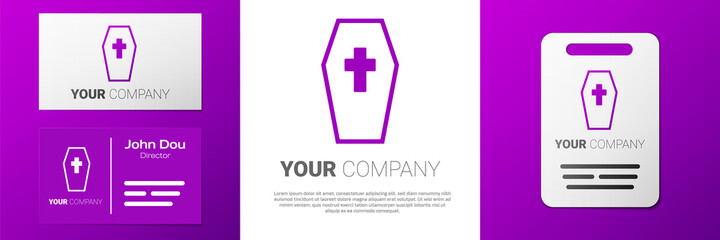 Logotype Coffin with christian cross icon isolated on white background. Happy Halloween party. Logo design template element. Vector