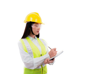 A women young engineer is standing in front of a white background taking notes from work. The idea is that the engineers' work.