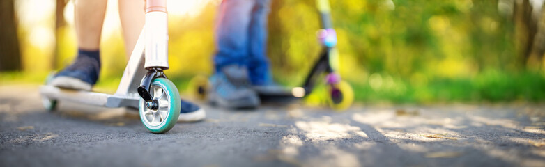 Boyfriends riding on bicycles on asphalt road in summer.