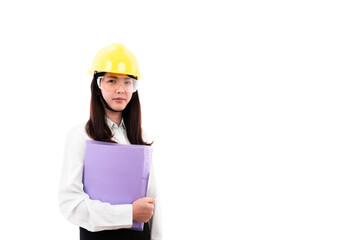 Beautiful teenage asian female engineer wearing a helmet  Wear safety glasses  Carrying a purple file with a white background to check at the venue.  The concept is the work of an engineer.