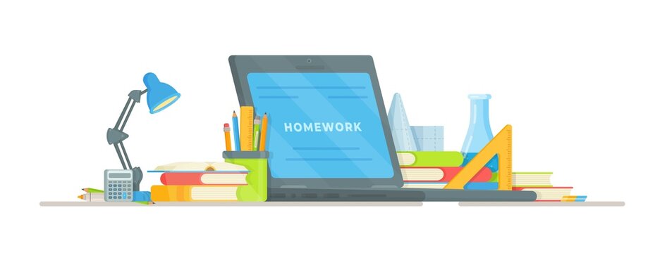 Online Learning. Vector illustration of doing homework. Each student's workspace. School, study, institute, knowledge.