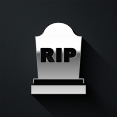 Silver Tombstone with RIP written on it icon isolated on black background. Grave icon. Long shadow style. Vector