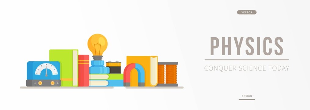 Physical Banner. Vector illustration of a physics lesson online. Site for teaching physical forces.