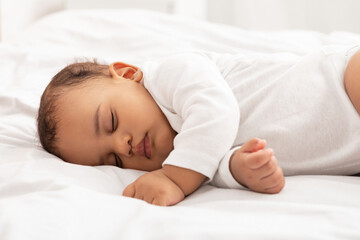 Cute Baby Toddler Sleeping Peacefully Lying In Bed At Home