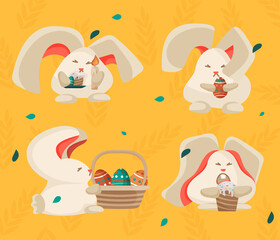 Set of Easter bunnies with holiday gifts, eggs, candle, basket.
