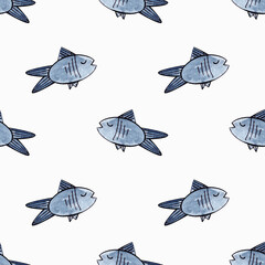 seamless watercolor pattern cute fishes on a white background. pornography for printing on fabrics, wallpaper, packaging, paper, children's products. hand drawing.