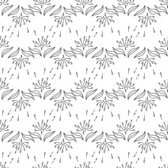 Seamless pattern with black  flowers and leaves on a white background. Suitable for fabric, wrapping paper, wallpaper, bags, clothes, dishes, cases on smartphones and tablets, wallets.