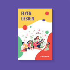 Group of kids clapping hands at their teacher playing guitar. Children enjoying music class outdoors. Can be used for daycare, education, musical school concepts