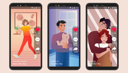 People are making video on their phone. Videos with dances, animals, in love on social networks.