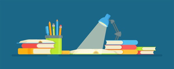 Doing your homework. Vector illustration of exam preparation. Background illustration. School, tests, institute, studies.