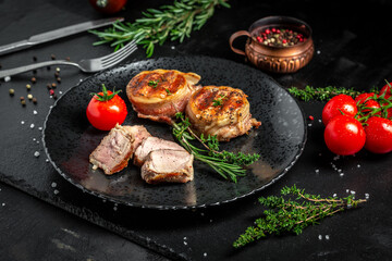 Grilled beef steak by chef hands on black background. filet Mignon beef tenderloin steak covered bacon with spices. top view