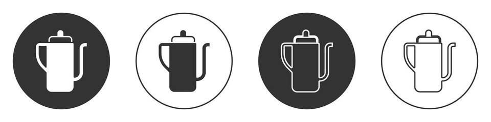 Black Traditional Chinese tea ceremony icon isolated on white background. Teapot with cup. Circle button. Vector
