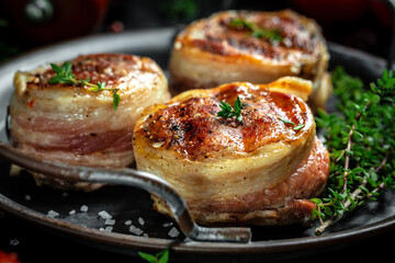 Medallions steaks from the beef tenderloin covered bacon on old meat butcher on Dark background