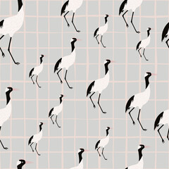 Random pastel tones seamless pattern with white crane bird ornament. Blue pastel chequered background.