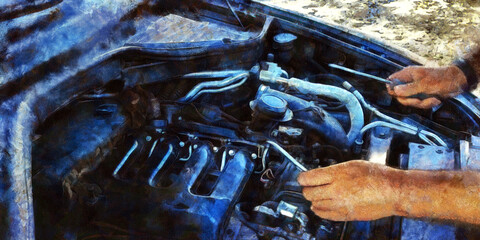 A mechanic repairs a car engine. Close-up. Artistic work on the topic of car repair