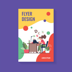 Female writer using retro typing machine. Young woman inspiring with idea, writing creative article at her workplace. Vector illustration for creative crisis, copywriting, vintage concept