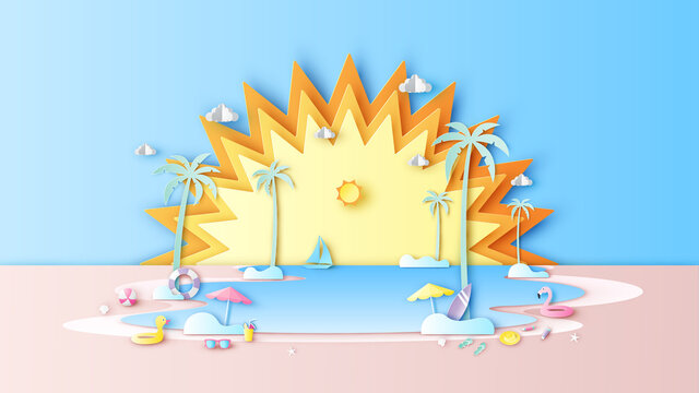 Paper art of summer sea beach scenery with beach equipment and sunshine background. Sea landscape. Summer time. Paper cut and craft style. vector, illustration.