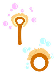 Eco-friendly natural bristle brushes with a wooden handle for washing dishes. eco friendly products. isolated picture with soap bubbles.