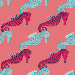 Abstract underwater fauna seamless pattern with pink and blue seahorse silhouettes. Pink pastel background.