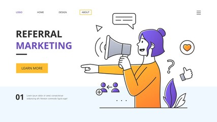 Referral Marketing concept with woman using a megaphone