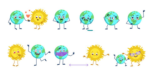 Set of cute character of the planet Earth and the sun with different emotions. Funny or sad space heroes play, fall in love, keep their distance in a mask, with heart or tear. Vector flat illustration