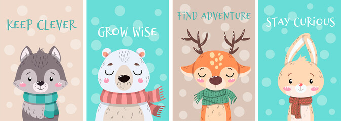 Set of cute little cartoon arctic animals wearing scarves © Rudzhan