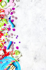 Obraz na płótnie Canvas birthday party design with confetti top view space for text